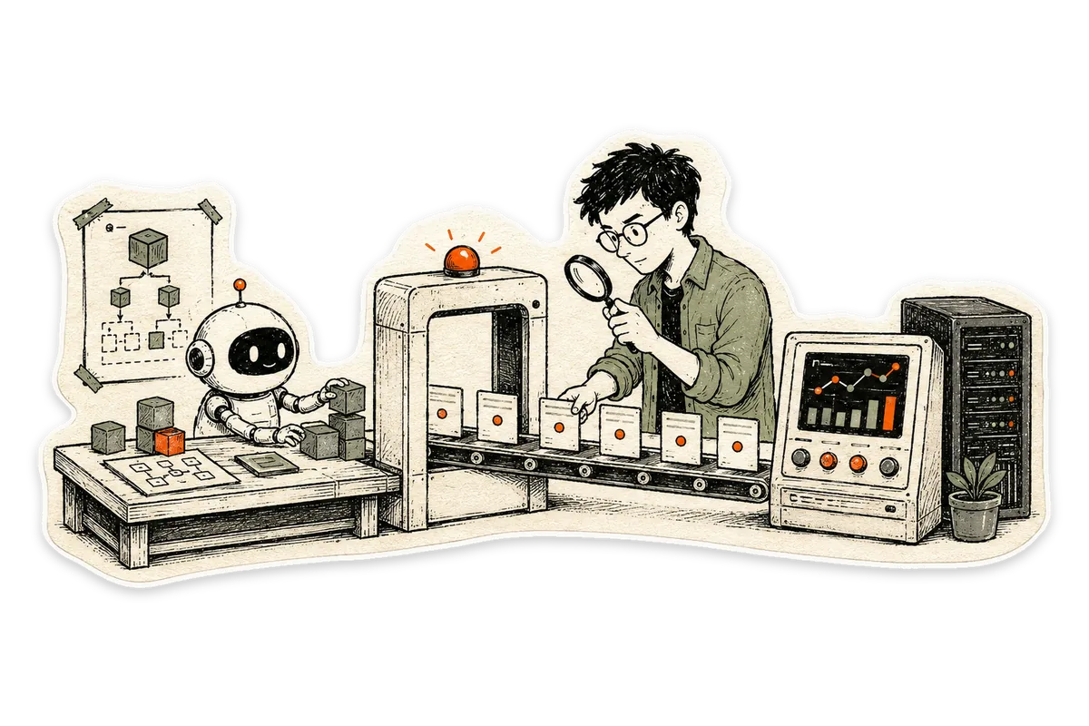 Die-cut sticker: an engineer inspects structured event cards moving from a coding robot through a validation gate to an observability console