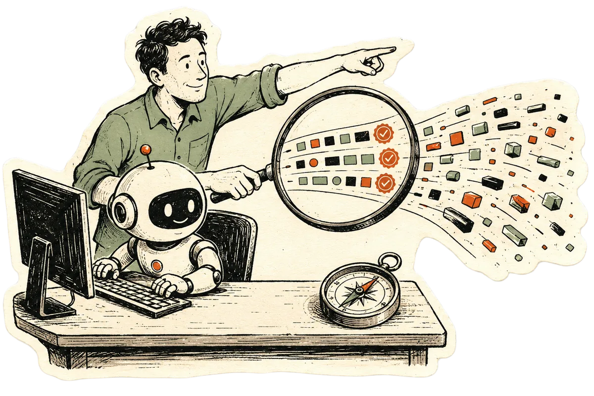 Die-cut sticker: a small robot types at the keyboard while a human behind it points the direction and holds a magnifying glass over a stream of code blocks stamped with orange approval seals; a compass sits on the desk