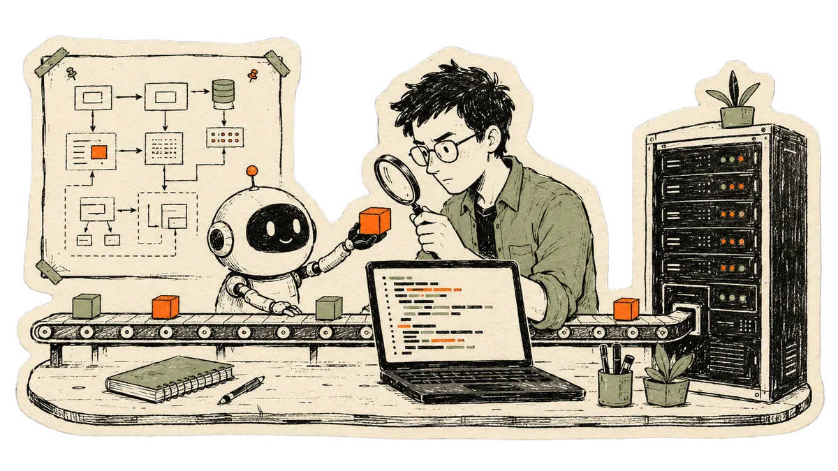 Die-cut sticker: an engineer inspects an orange code block handed over by a small smiling robot, on a workbench running from a pinned architecture diagram to a laptop of code and a server rack