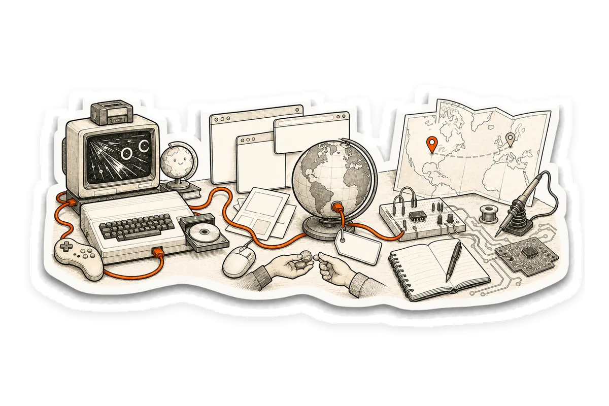 Die-cut sticker: an orange cable links a controller and CRT, a beige computer and CD-ROM, forum windows, a domain tag exchanged for coins, a map across the Atlantic and an electronics bench