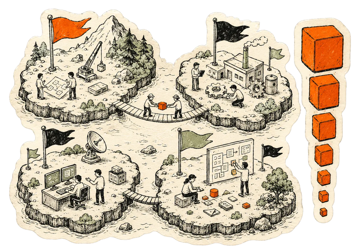Die-cut sticker: four hand-drawn islands, each with a planted flag, one orange, and small teams at work; two engineers pass an orange block across a footbridge, beside a column of orange blocks sorted from large to small