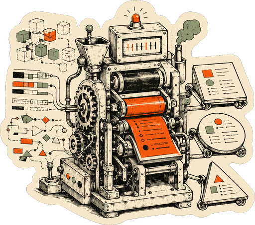Die-cut sticker: a compact printing machine turning data blocks into clean paper sheets, one orange sheet in the rollers