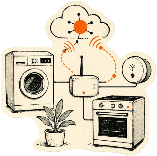 Die-cut sticker: connected home appliances wired to a small hub, with orange signals travelling to a cloud node