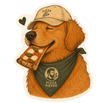 Pampy, a golden retriever in a pizza cap, biting into a slice of Neapolitan pizza