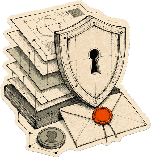 Die-cut sticker: layered confidential documents and a sealed envelope protected by a shield with a keyhole and an orange wax seal