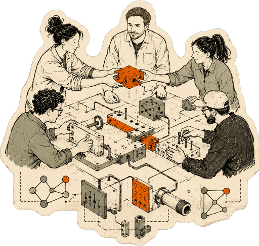 Die-cut sticker: five engineers around a table assembling modular blocks into one system, passing an orange block between them