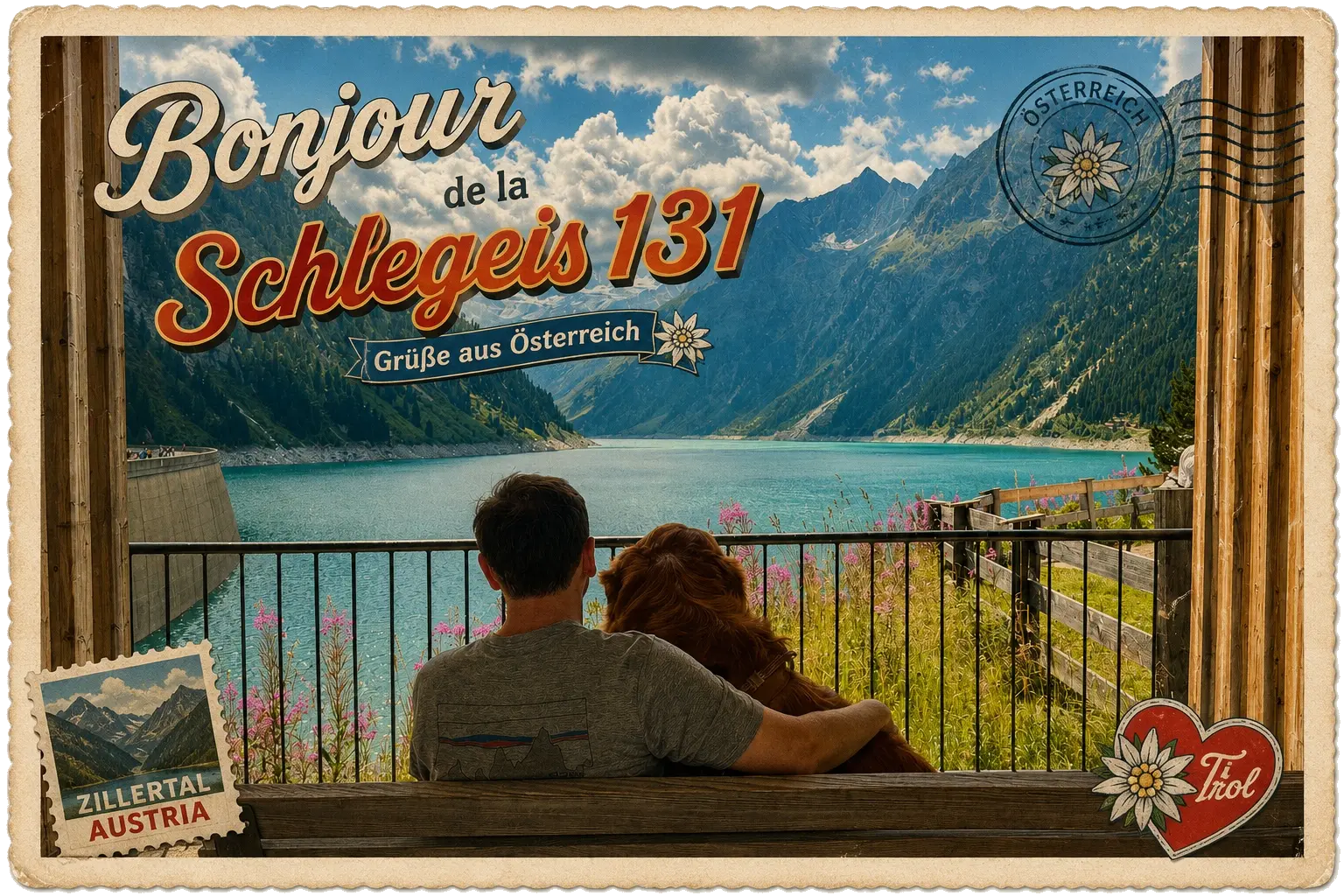 Carte postale vintage détourée du Schlegeis montrant Nicolas et Pampy roux fauve face au lac de barrage
