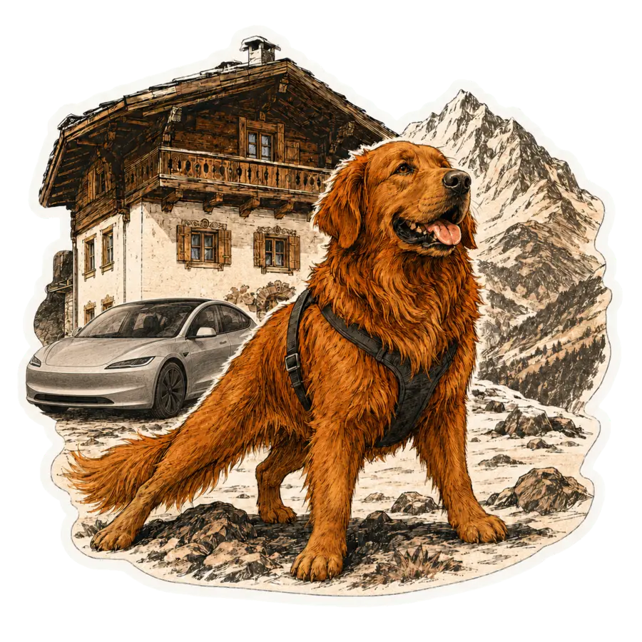 Pampy roux fauve se dégourdit près d’un chalet et de la Tesla Model 3 Quicksilver à Tux