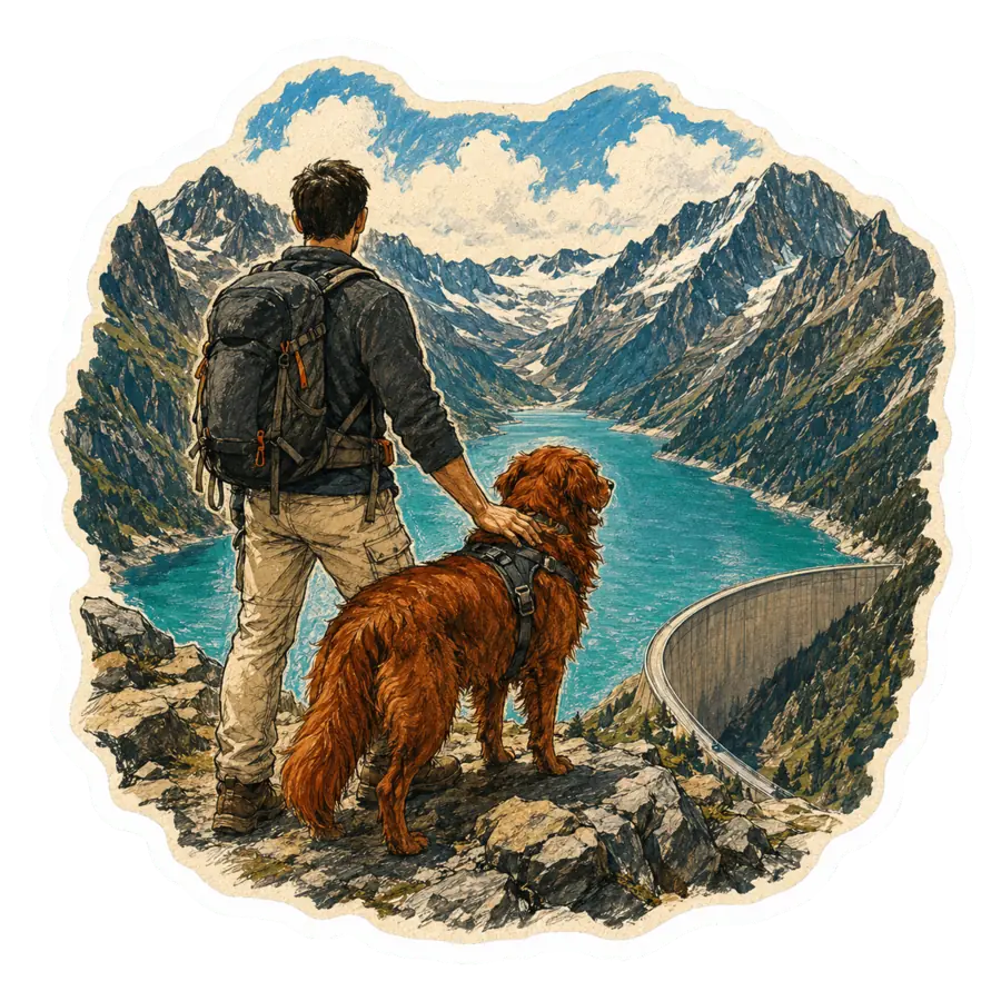 Pampy roux fauve en randonnée au-dessus du lac de Schlegeis