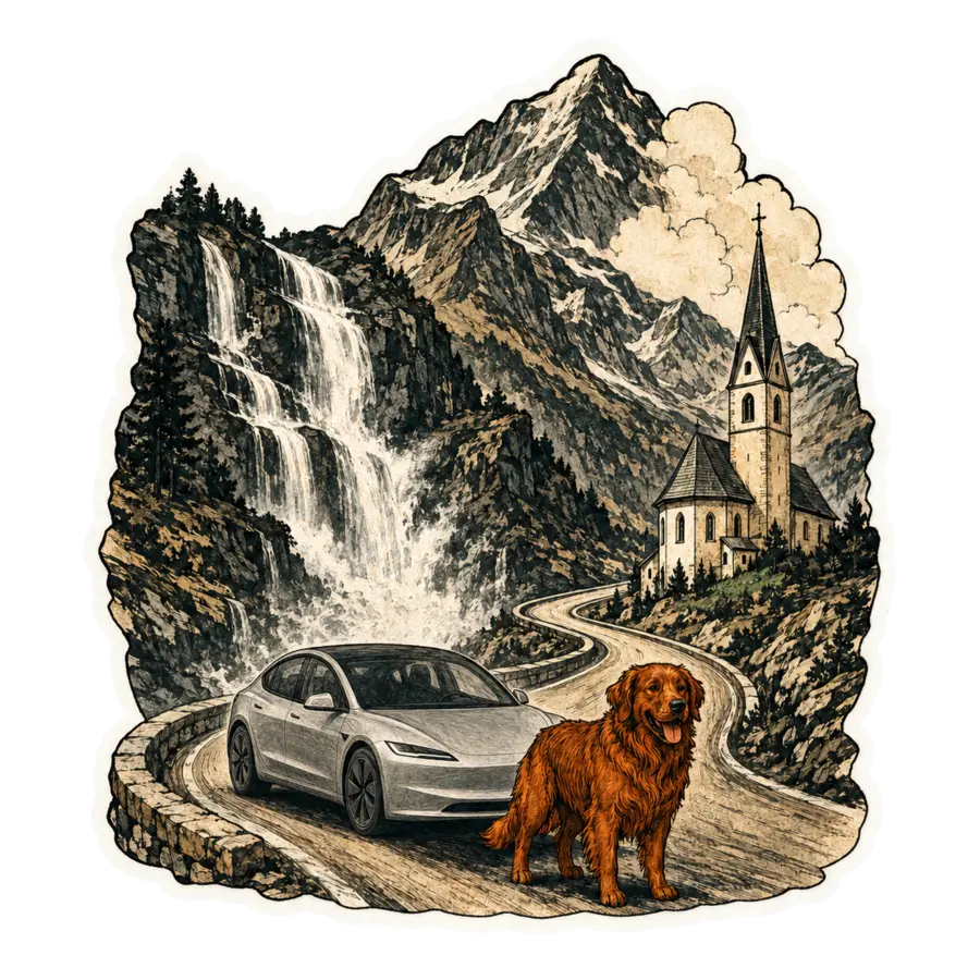 Pampy roux fauve et la Tesla Model 3 Quicksilver devant les chutes de Krimml et la route vers Heiligenblut