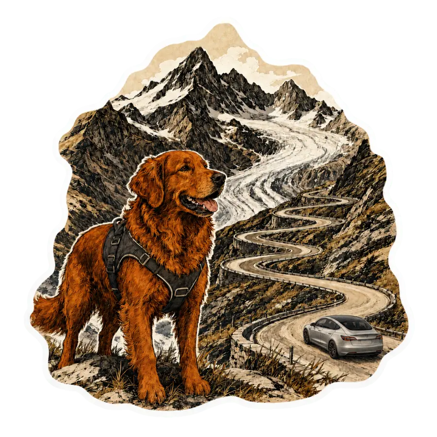 Pampy roux fauve et la Tesla Model 3 Quicksilver sur la route panoramique du Grossglockner