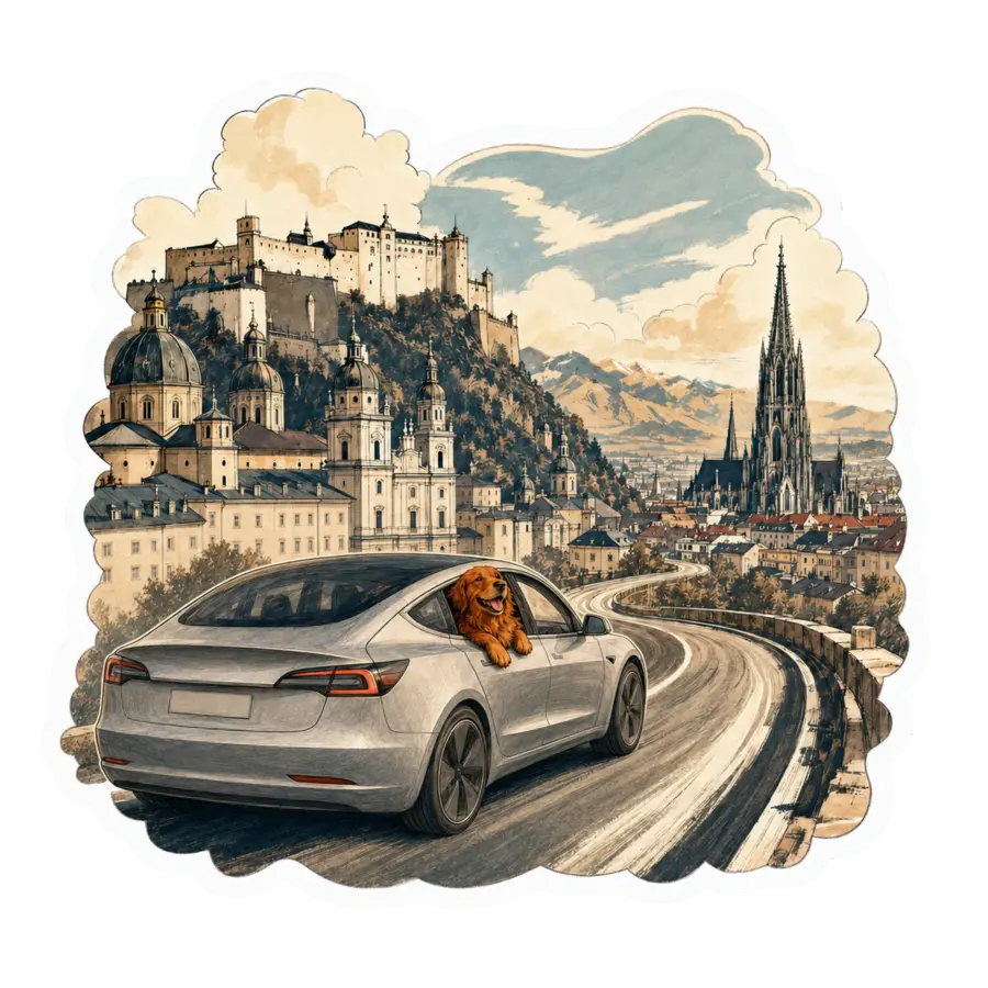 Pampy roux fauve voyage à la fenêtre passager de la Tesla Model 3 Quicksilver entre Salzburg et Ulm