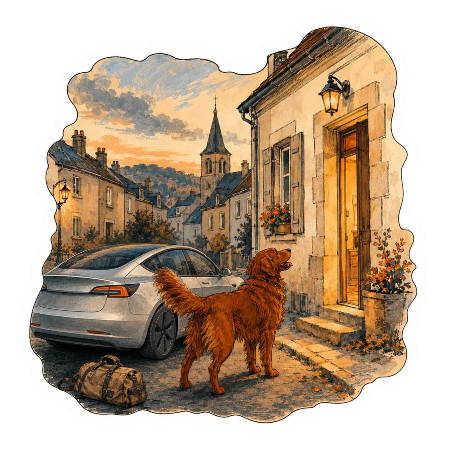 Pampy roux fauve rentre à Hettange-Grande avec la Tesla Model 3 Quicksilver