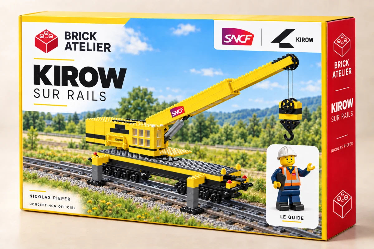 Bright yellow and sky blue box concept with the Kirow brick crane, the red and white Brick Atelier logo, SNCF and KIROW logos and a guide in an orange vest.